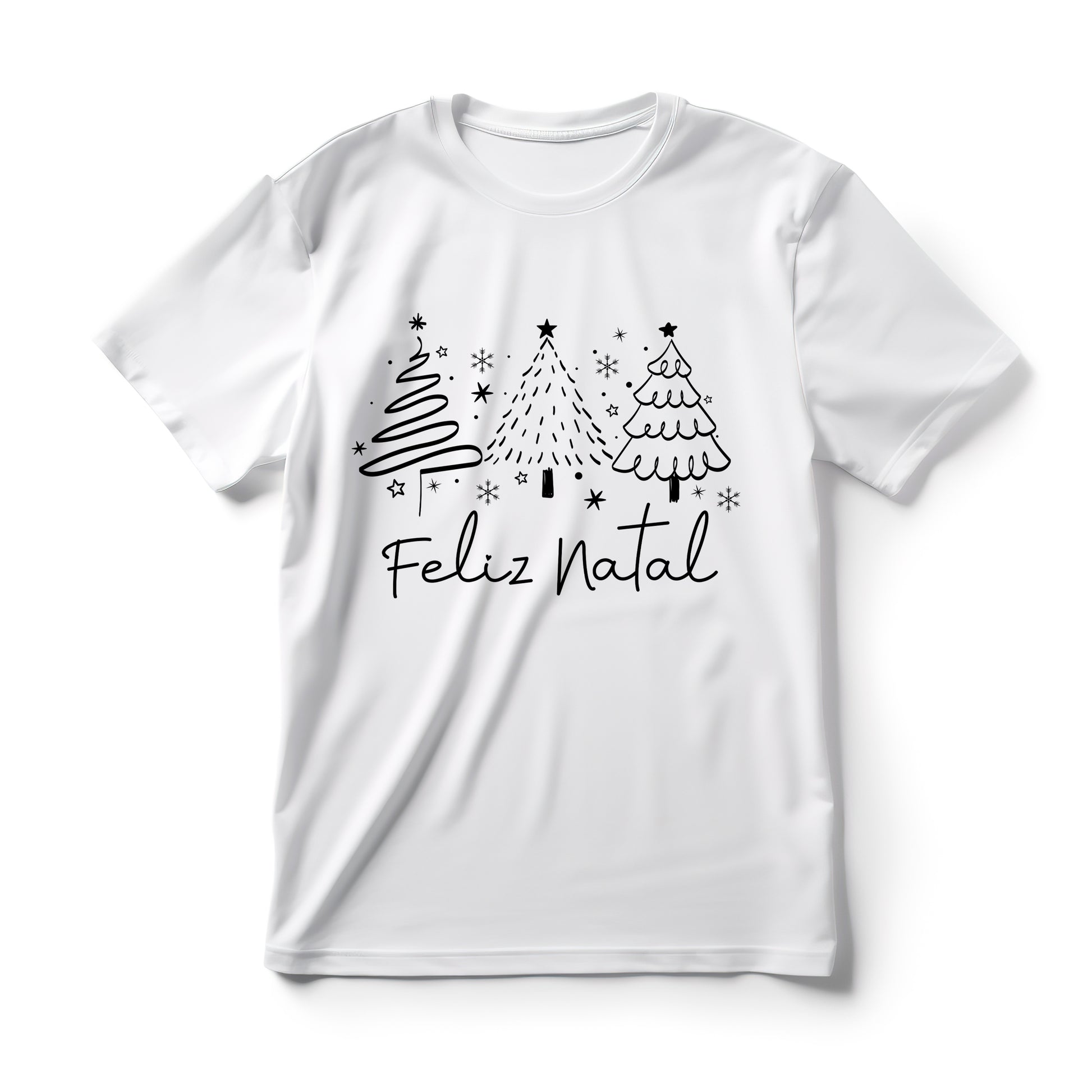 Camiseta Feliz Natal - Estampa de Árvores Minimalistas